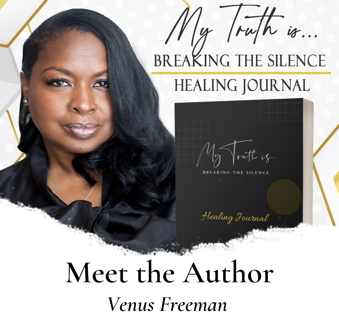 Portrait of a woman with black hair, next to a book titled 'My Truth is... Breaking the Silence Healing Journal'.