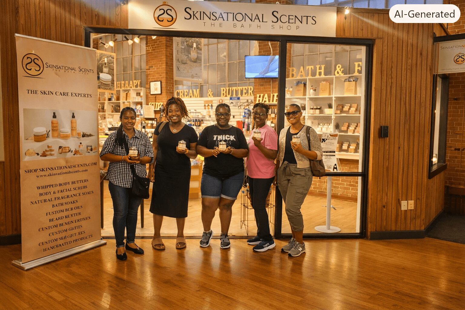 Five people stand outside a store named 'Skinsational Scents' with a large window display and a promotional banner, smiling.