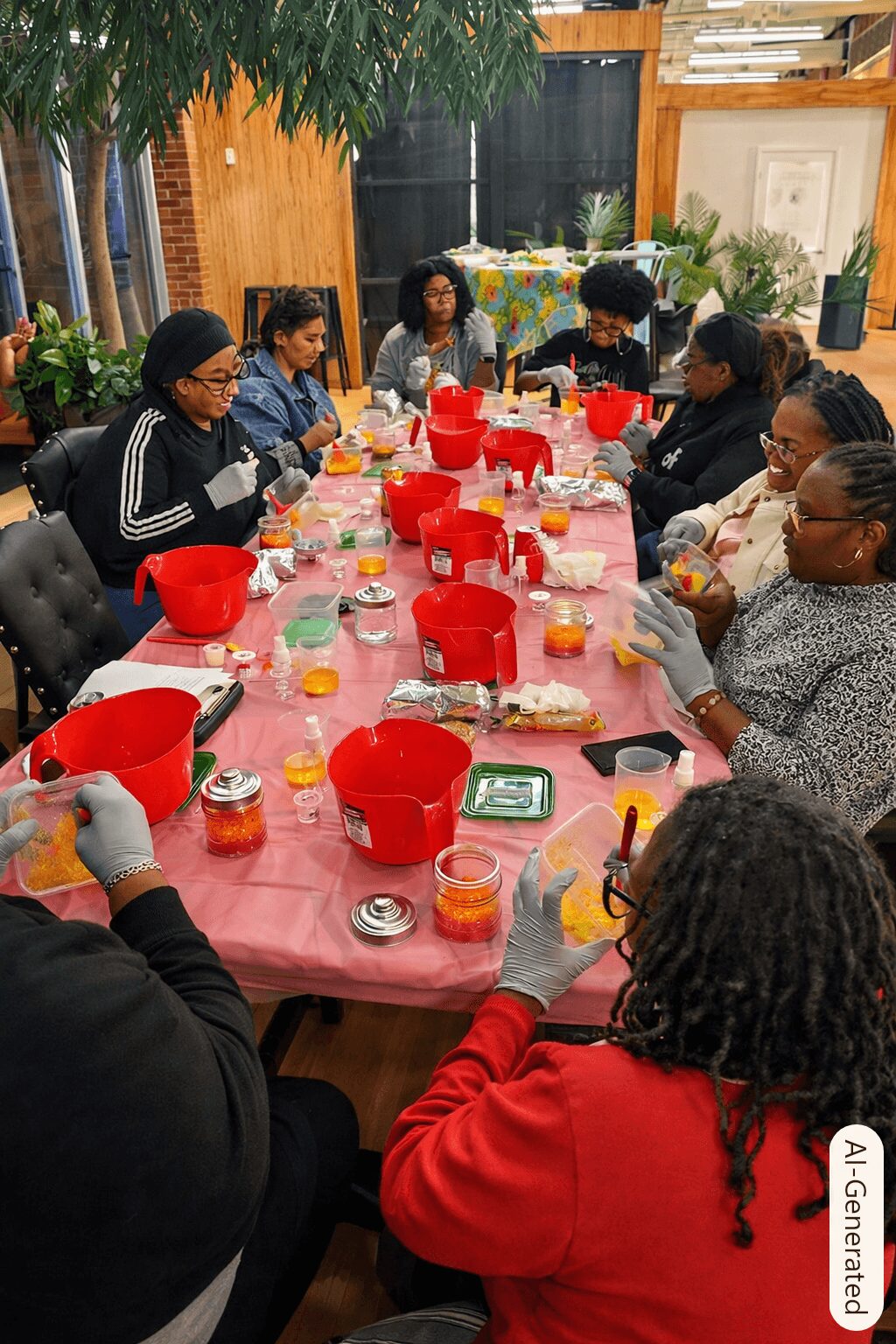 Group of women sitting around a long table with red bowls and drinks, indoors with plants and wooden decor.