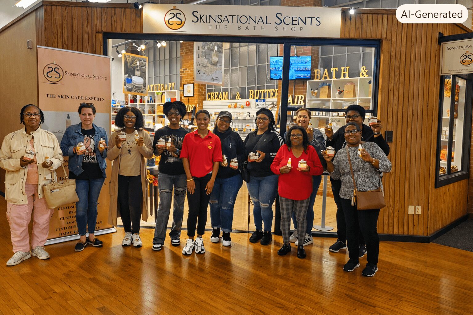 Group of ten people standing inside a store, holding products, with a sign reading 'Skinsational Scents' above them.