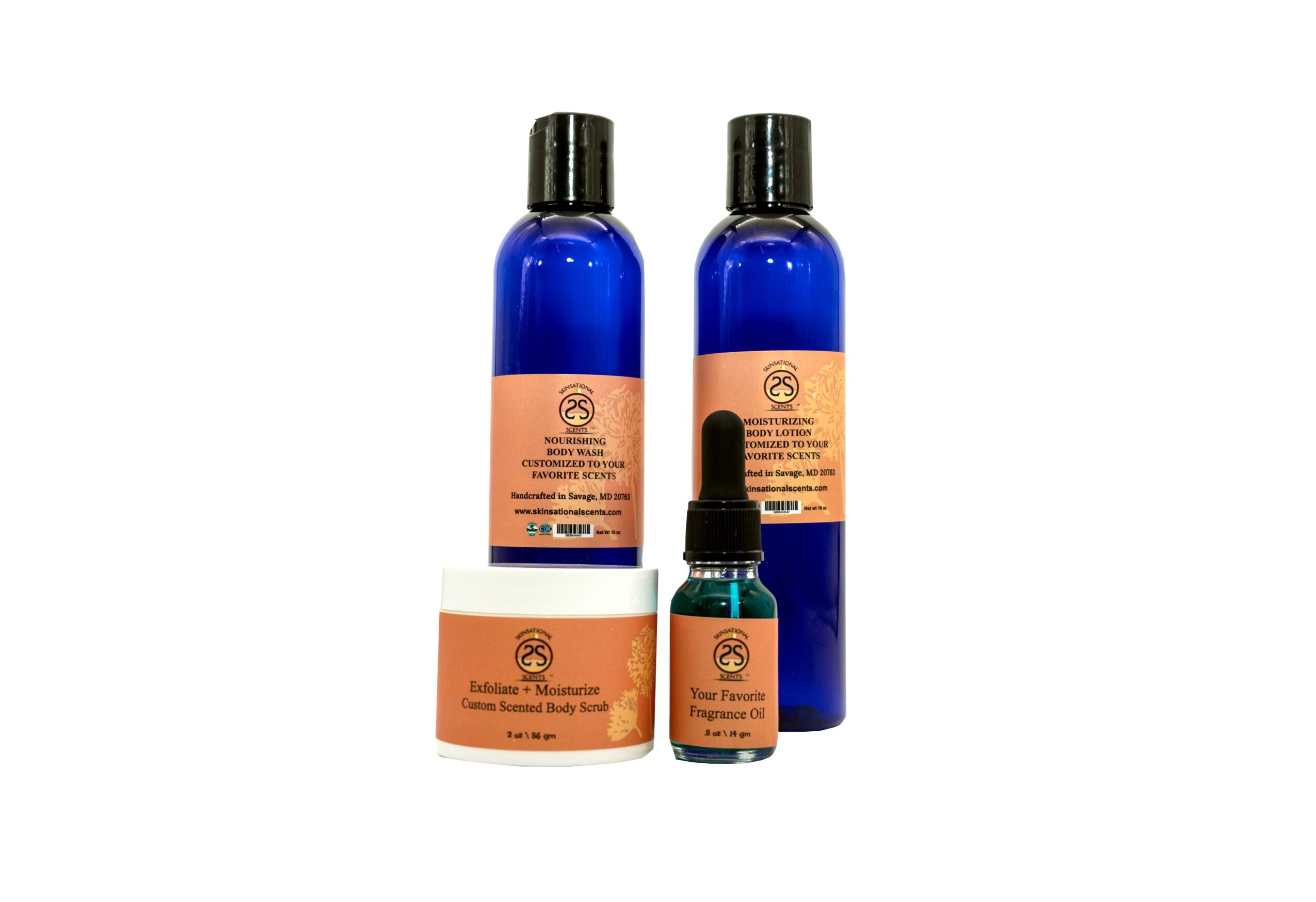 Three blue bottles with black caps and orange labels, one small dropper bottle, on a white background.