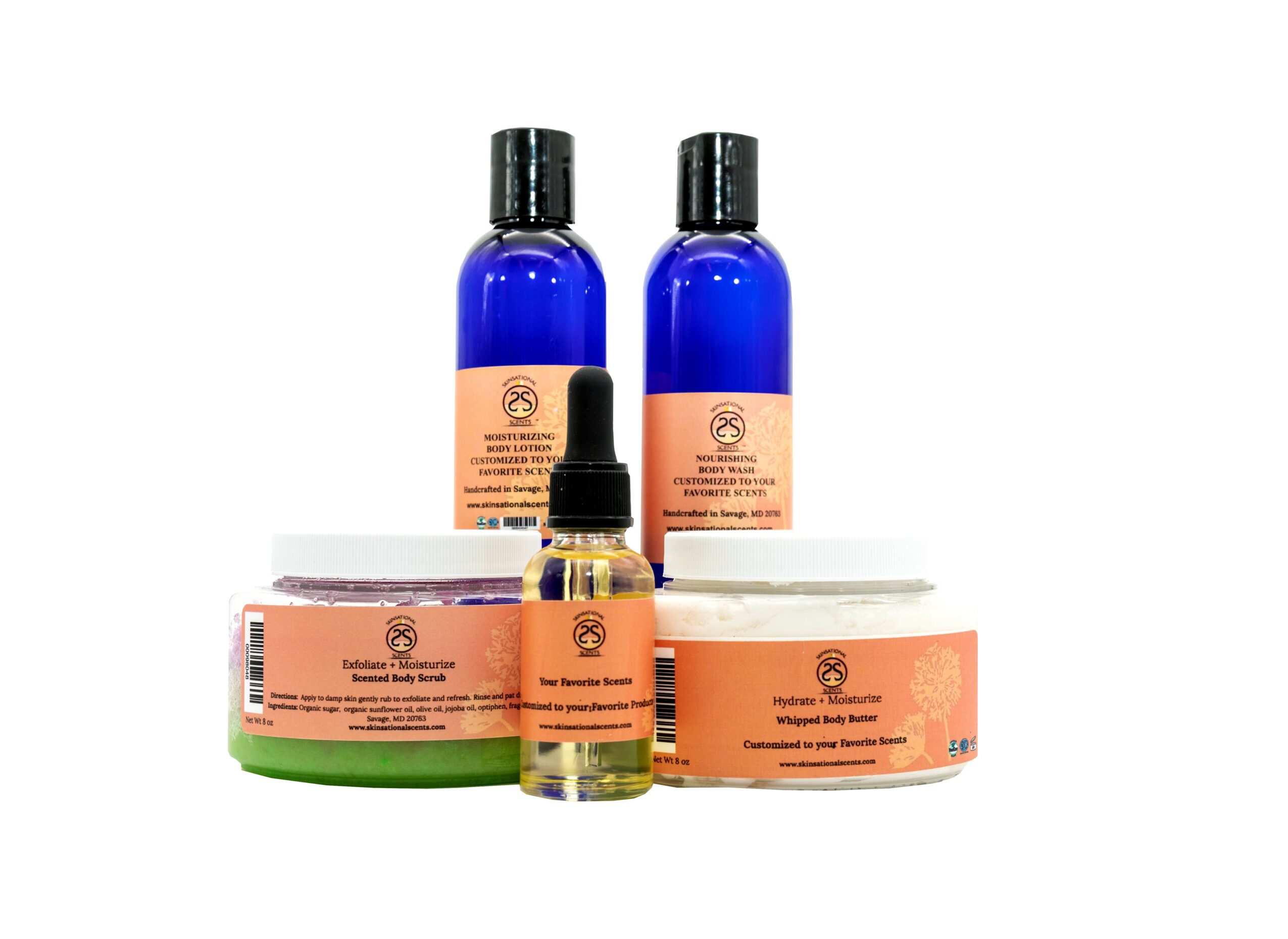 Collection of skincare products including blue bottles, jars, and a dropper bottle with peach labels, arranged on a white background.