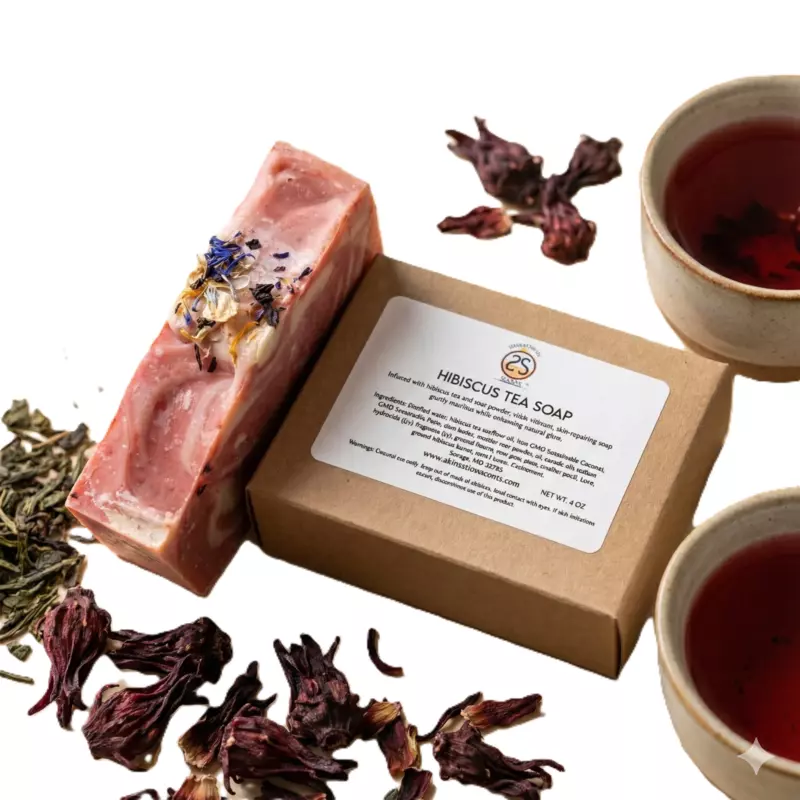 Bar of soap with dried flowers, two cups of tea, and a box labeled Hibiscus Tea Soap on a white background.