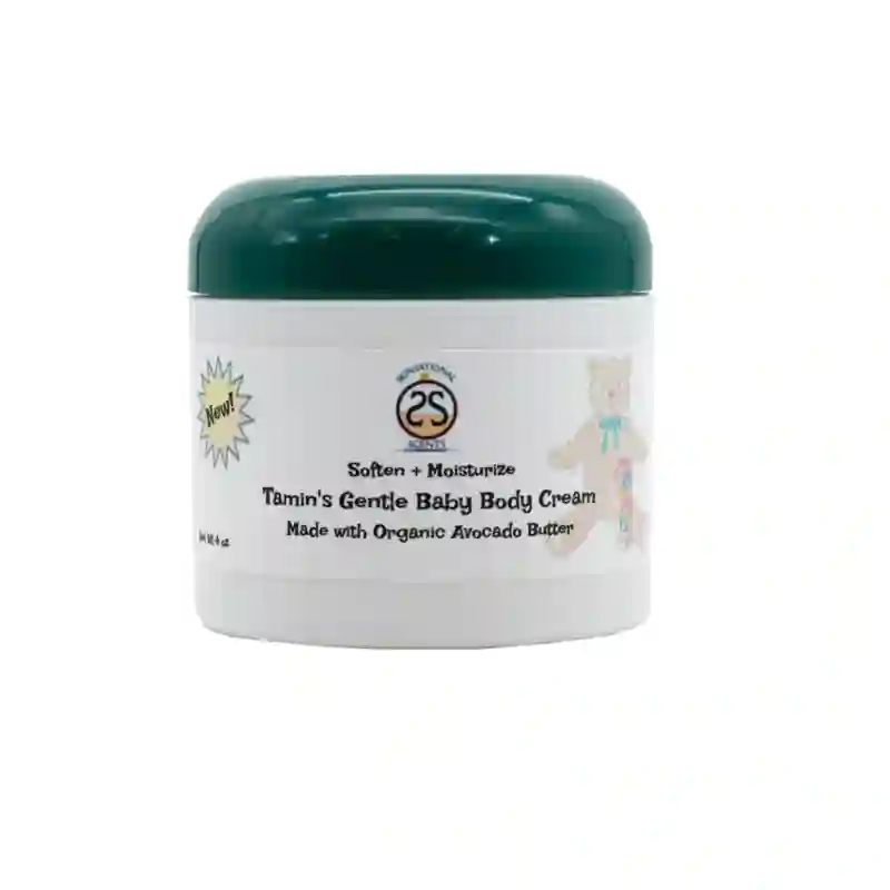 Container of Tamin's gentle baby body cream with a green lid and white label, featuring text and small illustrations.