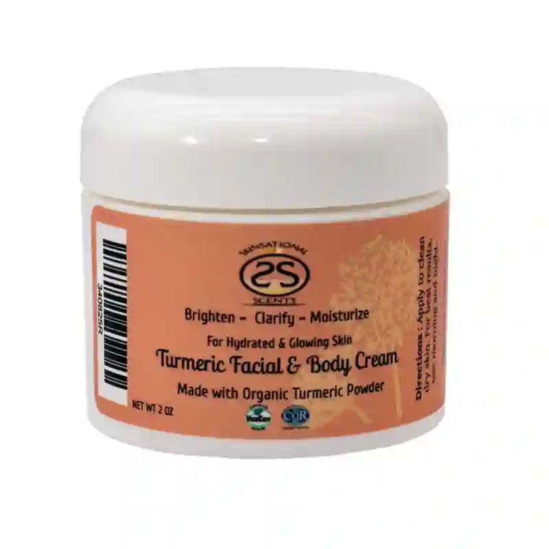 White jar with orange label containing turmeric facial and body cream for glowing skin, organic turmeric powder, and moisturizing benefits.