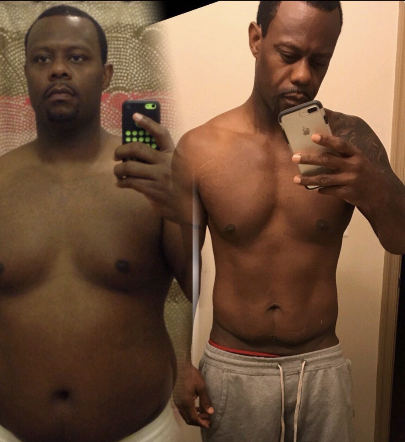 Side-by-side photos of a shirtless man taking mirror selfies, showing physical transformation, with a neutral background.