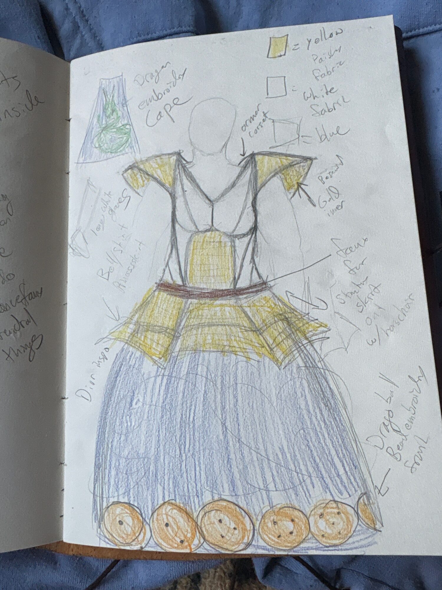 Sketch of a person in a dress with a full skirt, surrounded by handwritten notes and doodles, on paper.