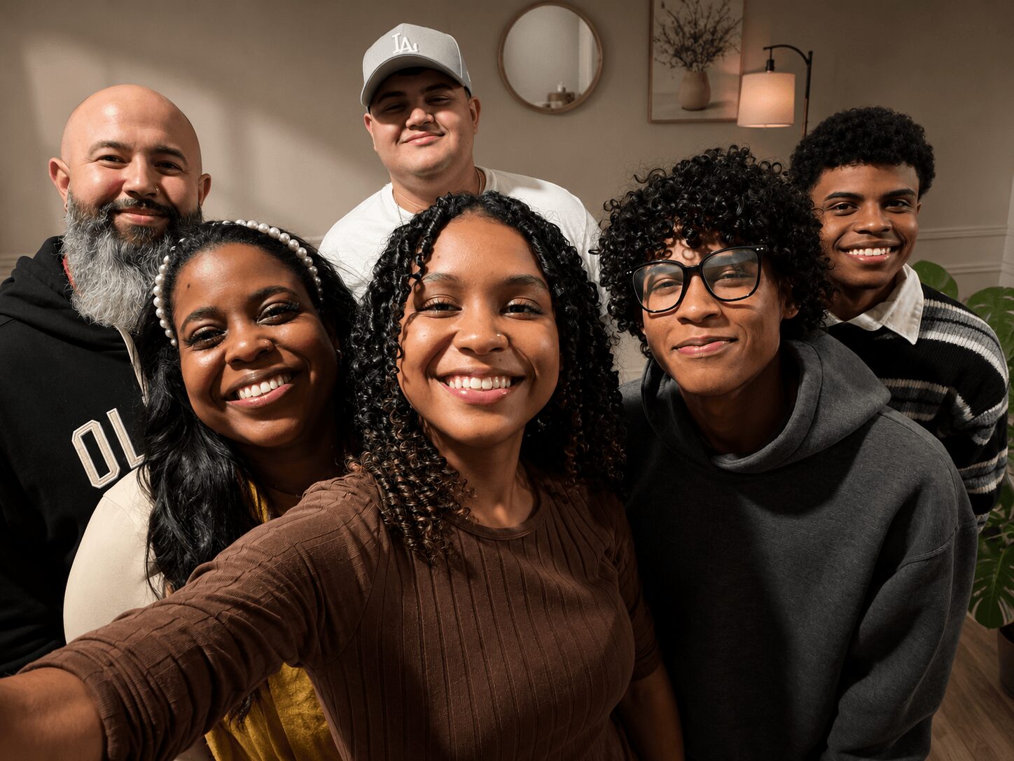 Six people smiling and posing for a group photo indoors, with a neutral background and decorative wall items.