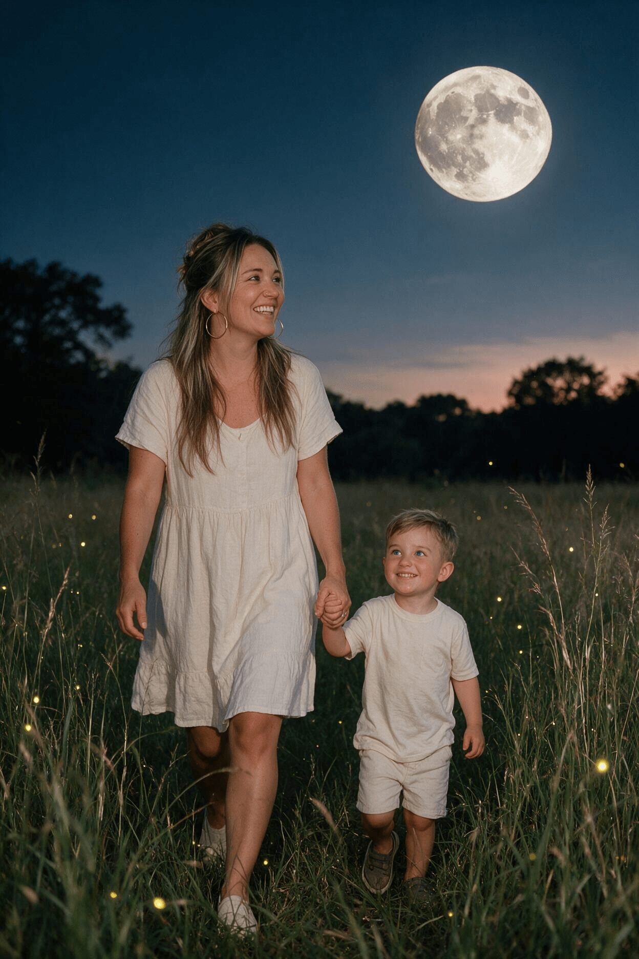 Woman and child holding hands in a grassy field at night with a full moon overhead.