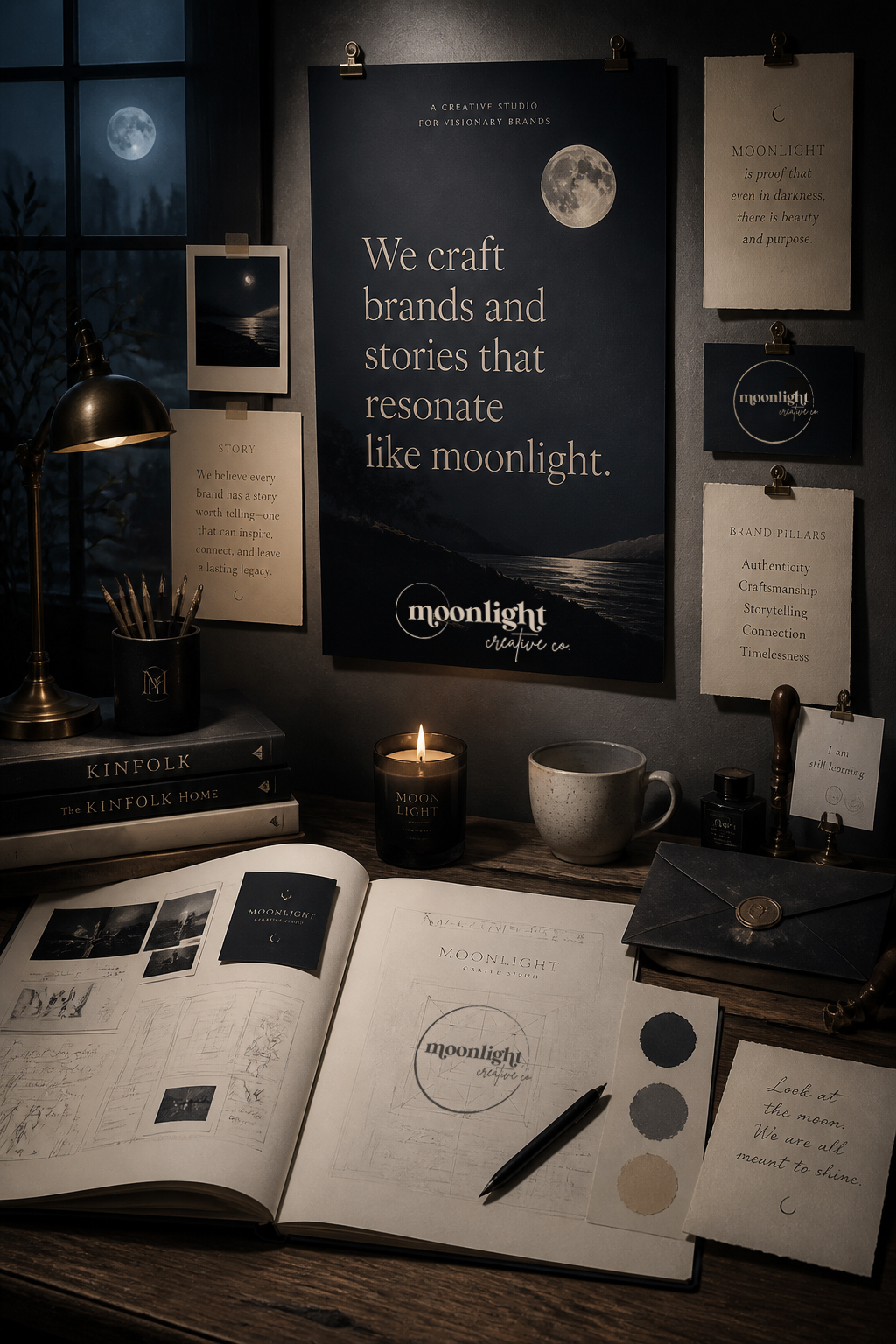 Desk with open book, candles, cups, and stationery, surrounded by posters and notes on the wall, illuminated by moonlight.