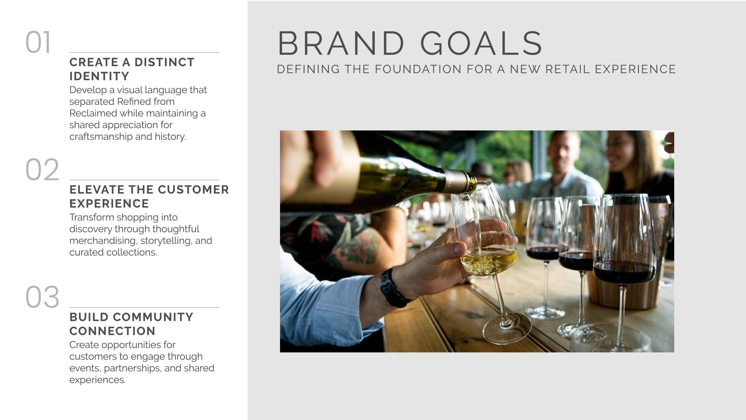 Slide titled 'Brand Goals' with a photo of people at a table with drinks, and text about creating a distinct retail experience.