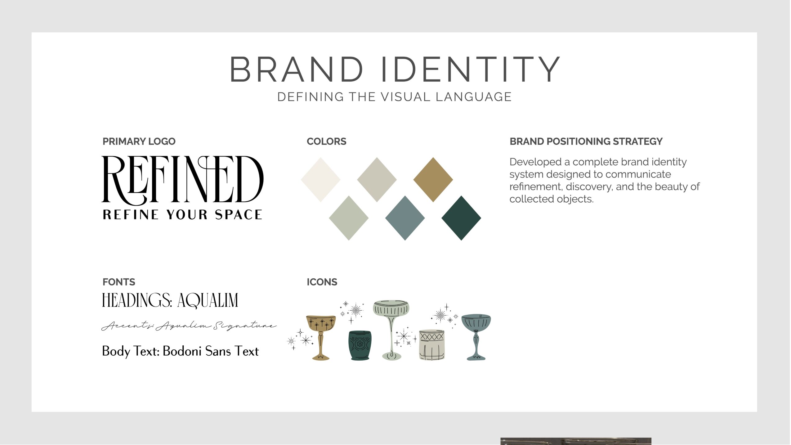 Brand identity presentation slide with logo, color palette, fonts, icons, and branding strategy description.