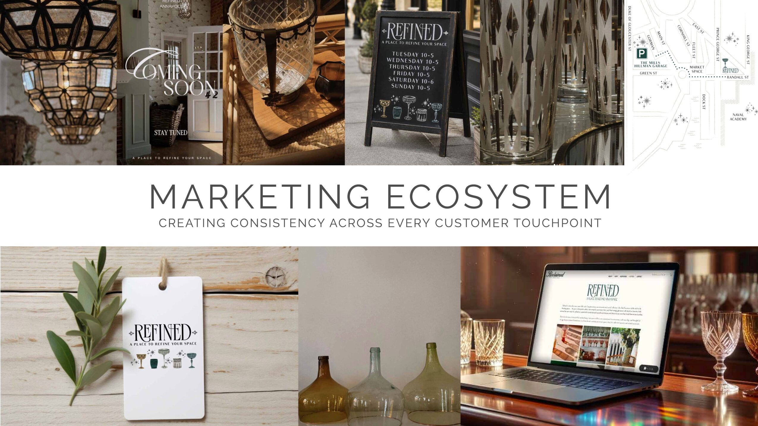 Collage of marketing materials, a laptop, and decorative objects with text 'Marketing Ecosystem' and a subtitle.