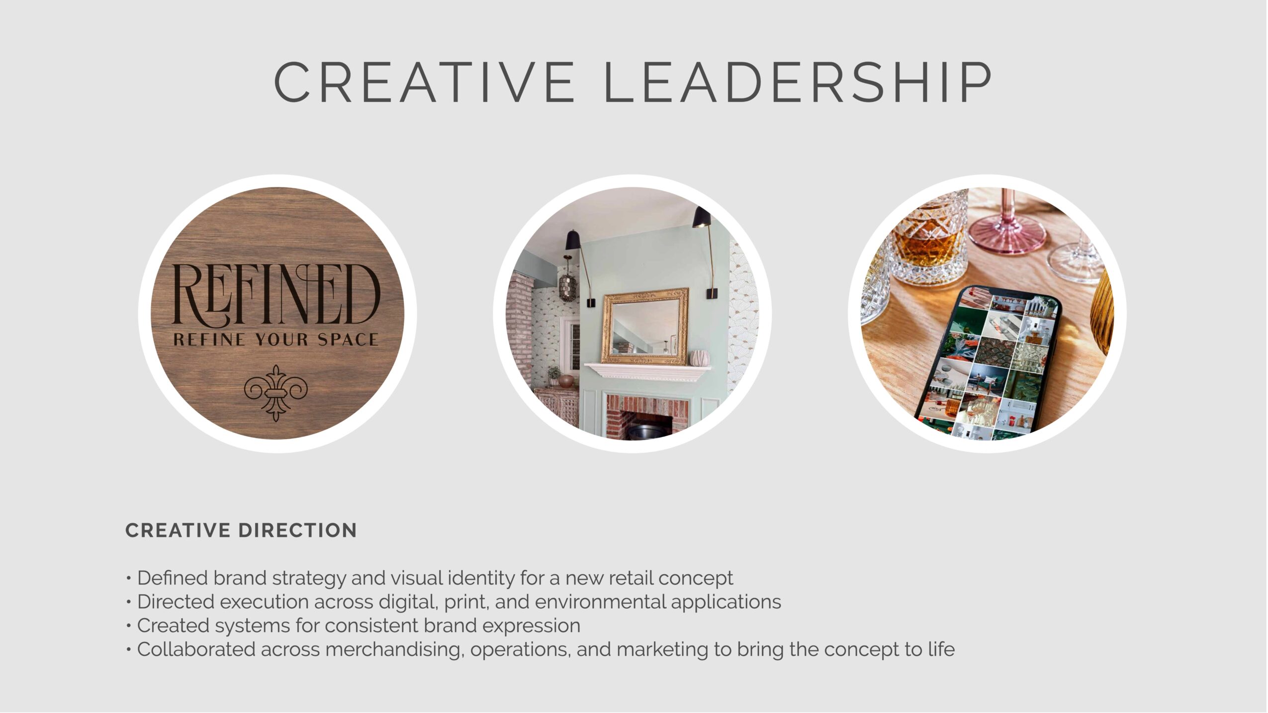Three circular images with text 'CREATIVE LEADERSHIP' above, and a list of creative direction points below.