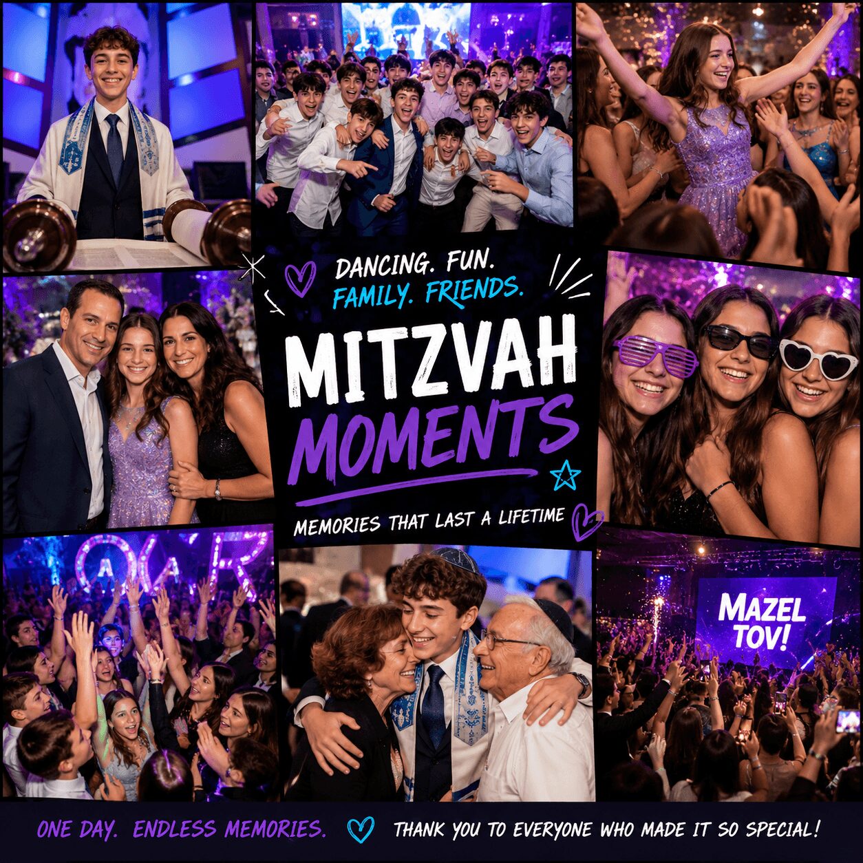 Group of people celebrating at a mitzvah event with dancing, singing, and a sign reading 'Mazel Tov!'.