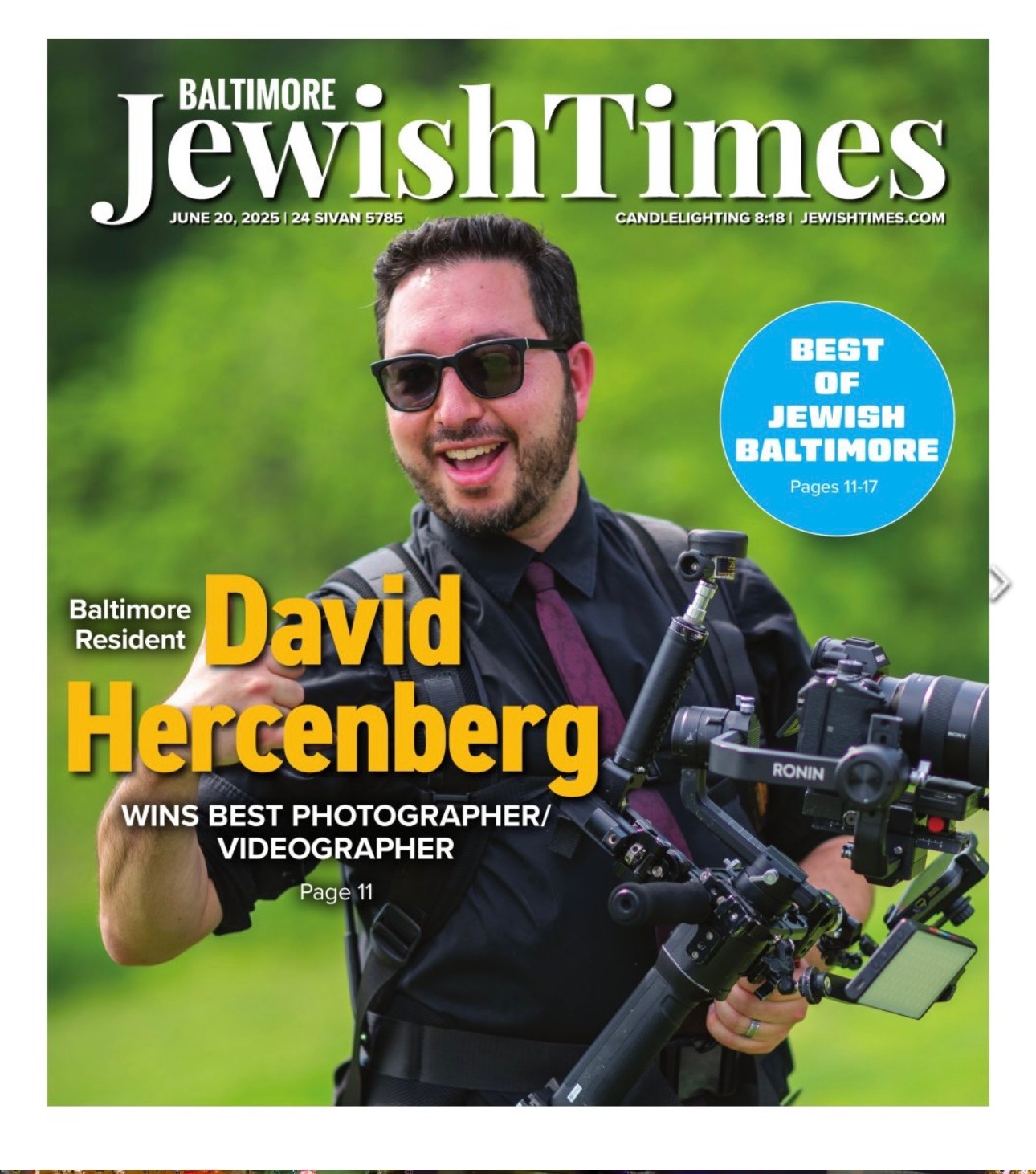 Man with sunglasses holding camera equipment outdoors, smiling, green background, magazine cover, text about David Herenberg, photographer.