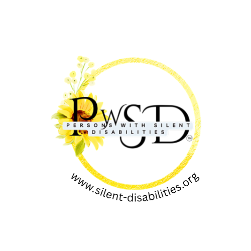 Logo with yellow circle, floral design, and text about silent disabilities and website www.silent-disabilities.org.