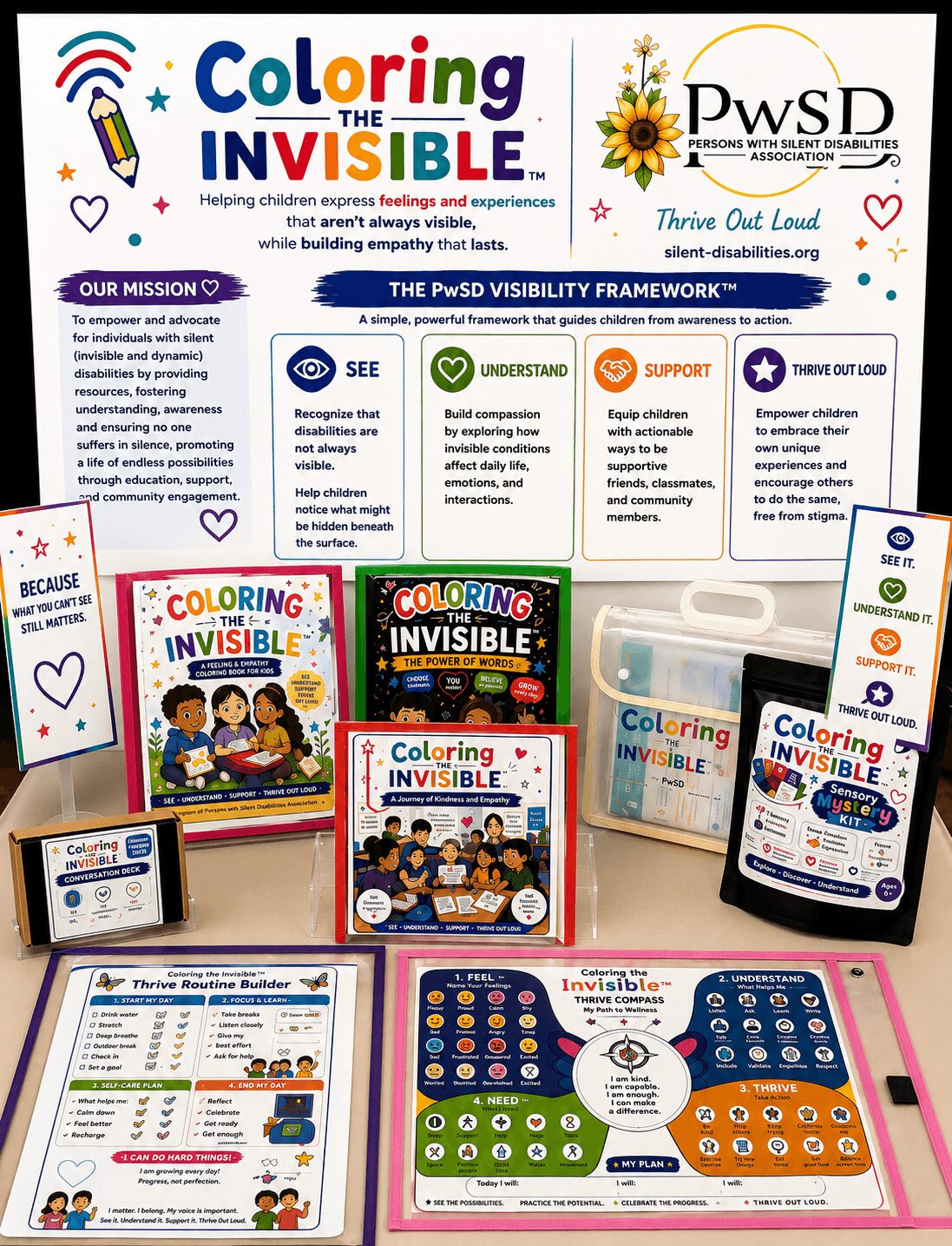Educational display with coloring books, tablets, and posters promoting inclusive coloring activities for children.