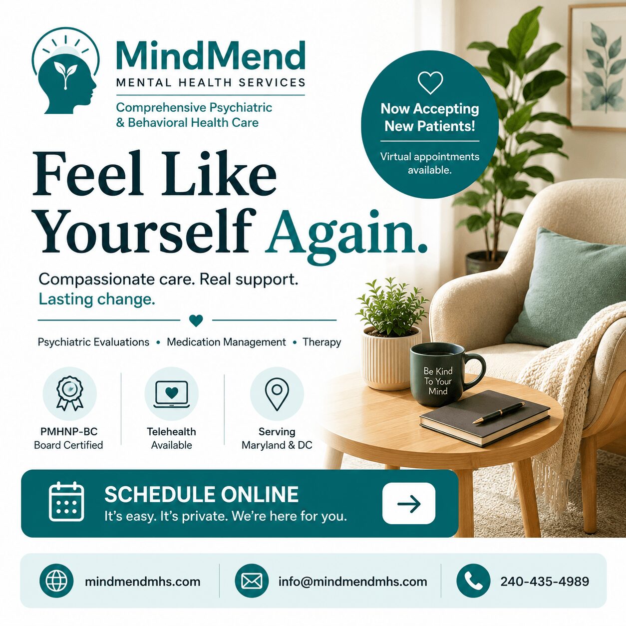 Advertisement for MindMend mental health services with a cozy living room corner, a plant, and a book on a table.