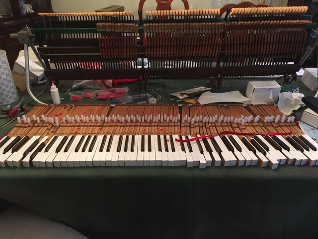 Disassembled piano keys and internal components on a table, with tools and parts scattered around.