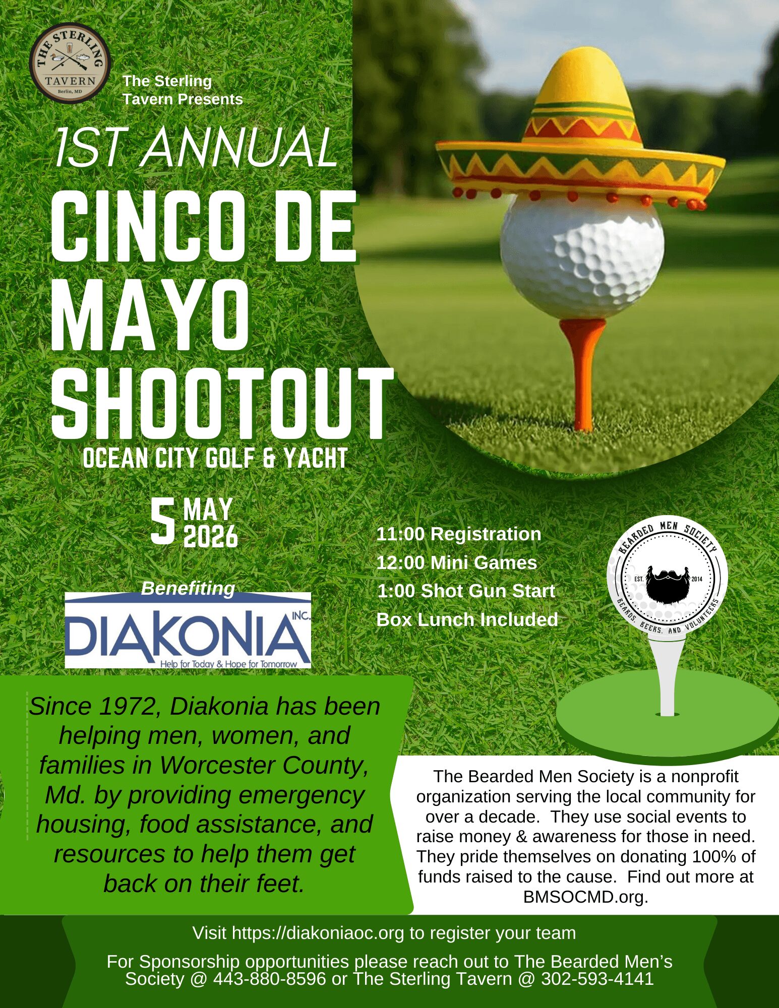 Golf ball wearing a sombrero on a tee with a green background, event details for Cinco de Mayo shootout, May 5, 2026, benefiting Diakonia.
