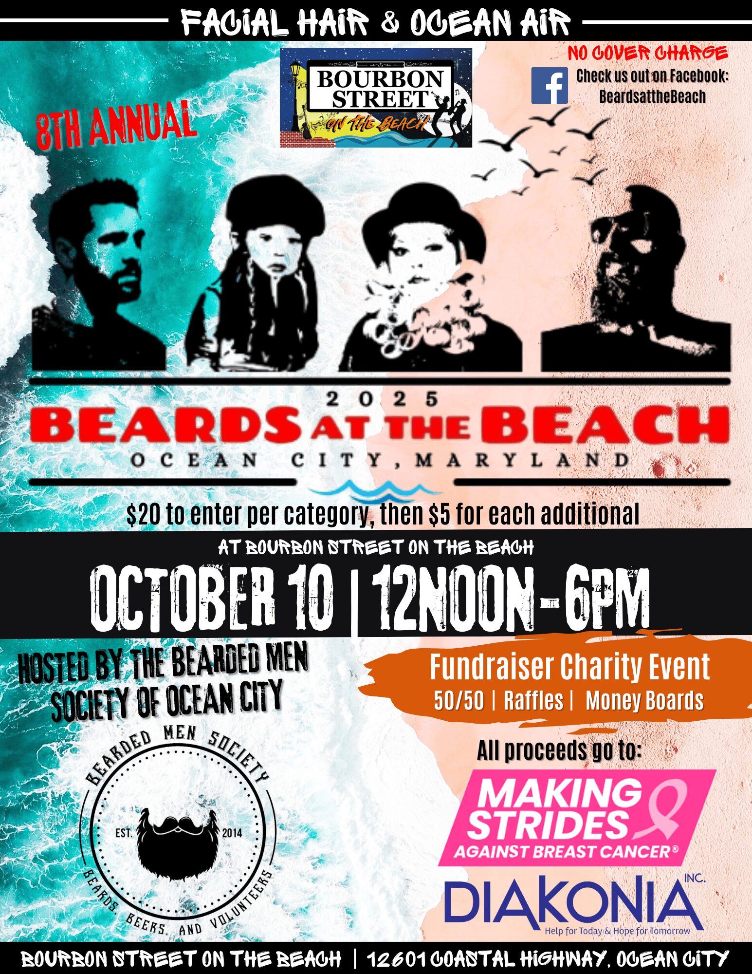Event poster for the 8th annual Beards at the Beach, featuring silhouettes of four people, event details, and logos.