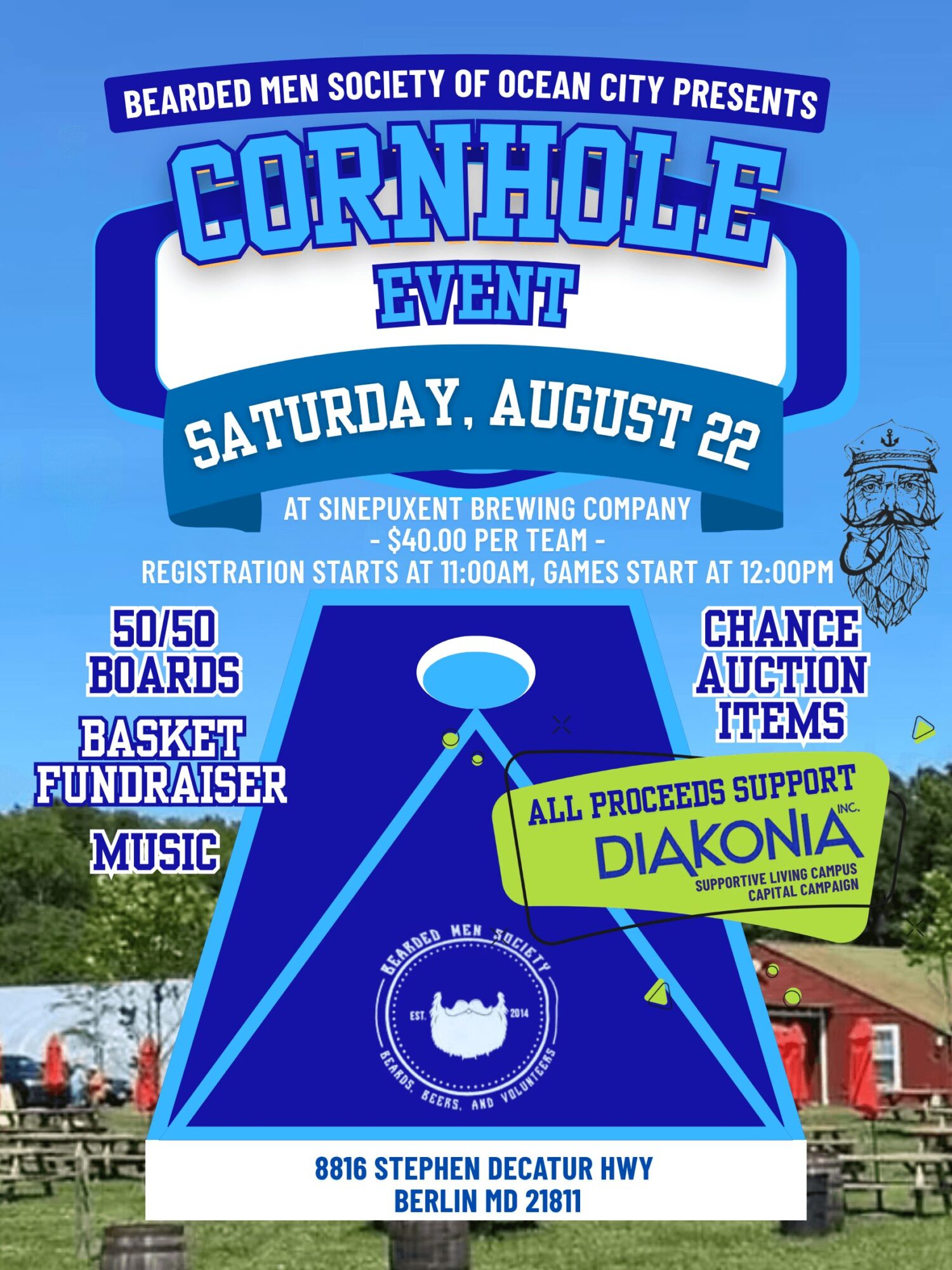 Event poster for Cornhole event on August 22, supporting Diakonia, with details about registration, location, and activities.