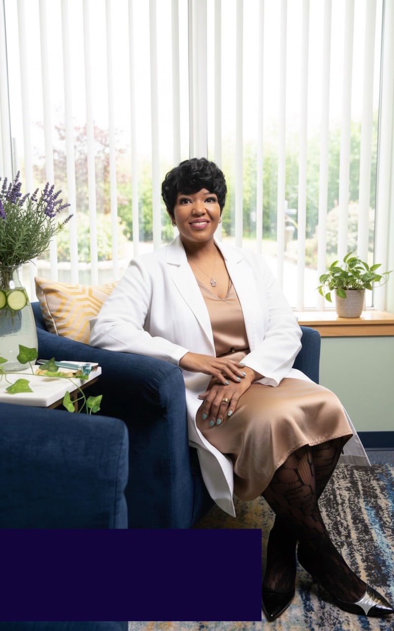 Woman sitting on a sofa in a bright room with plants and vertical blinds, smiling, wearing a white coat and beige dress.