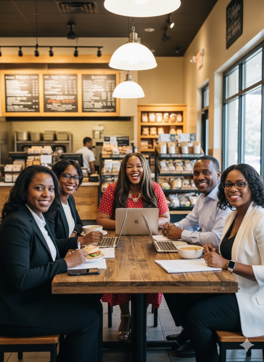 Five diverse people sit around a table in a coffee shop, smiling, with laptops and notebooks, large windows, and menu boards in background.