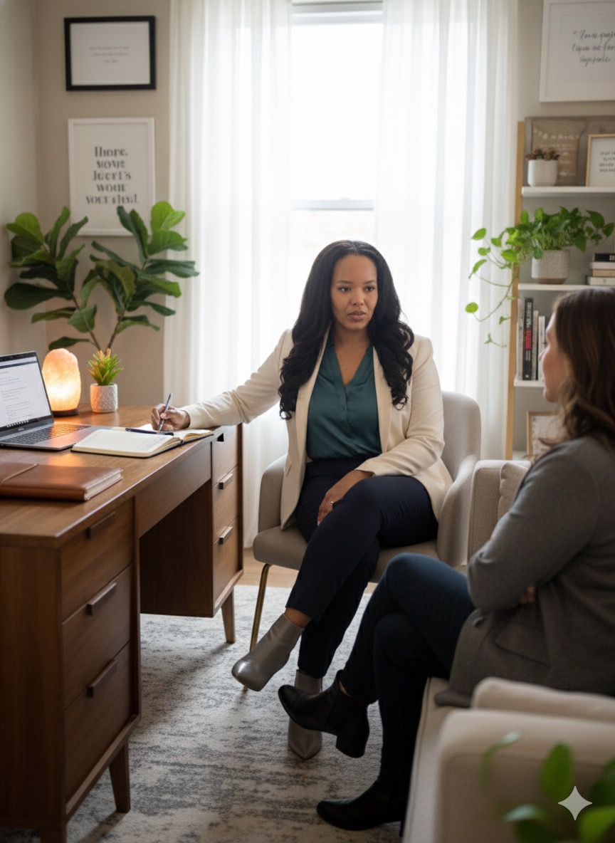 Two women sit and talk in a bright, cozy office with plants, books, and a window behind them.