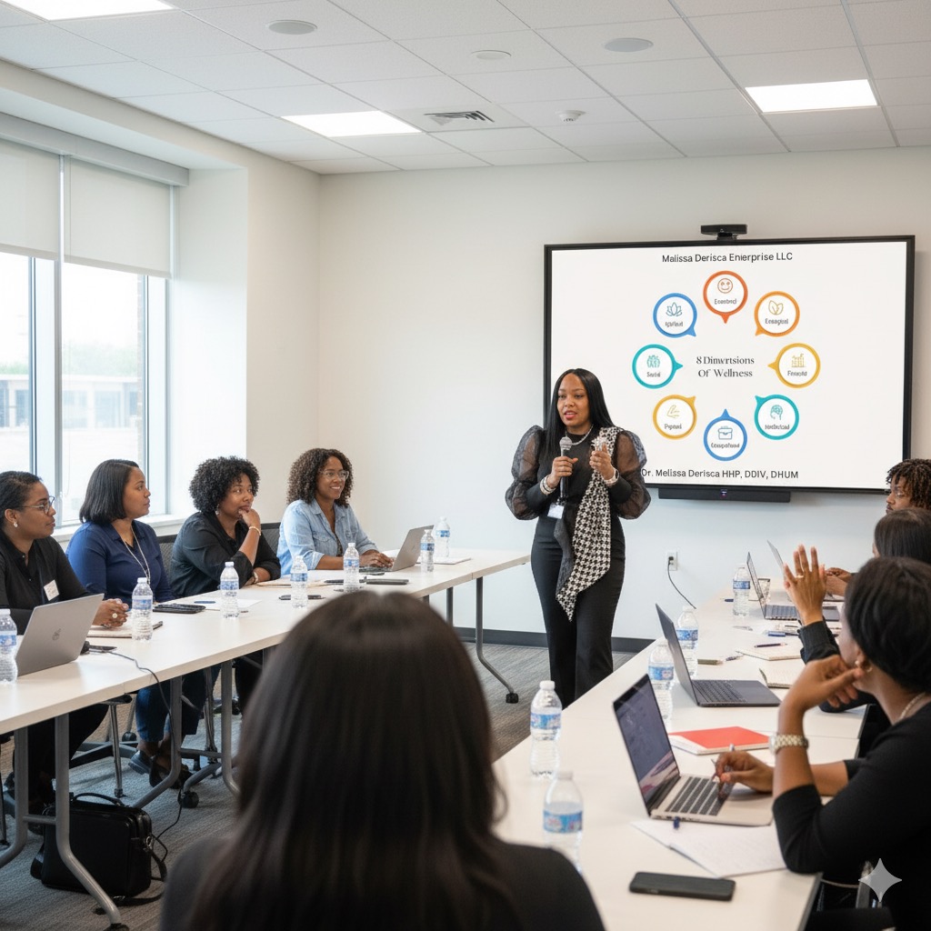 A woman presents to a group in a conference room with a large screen displaying a diagram, attendees with laptops listen attentively.