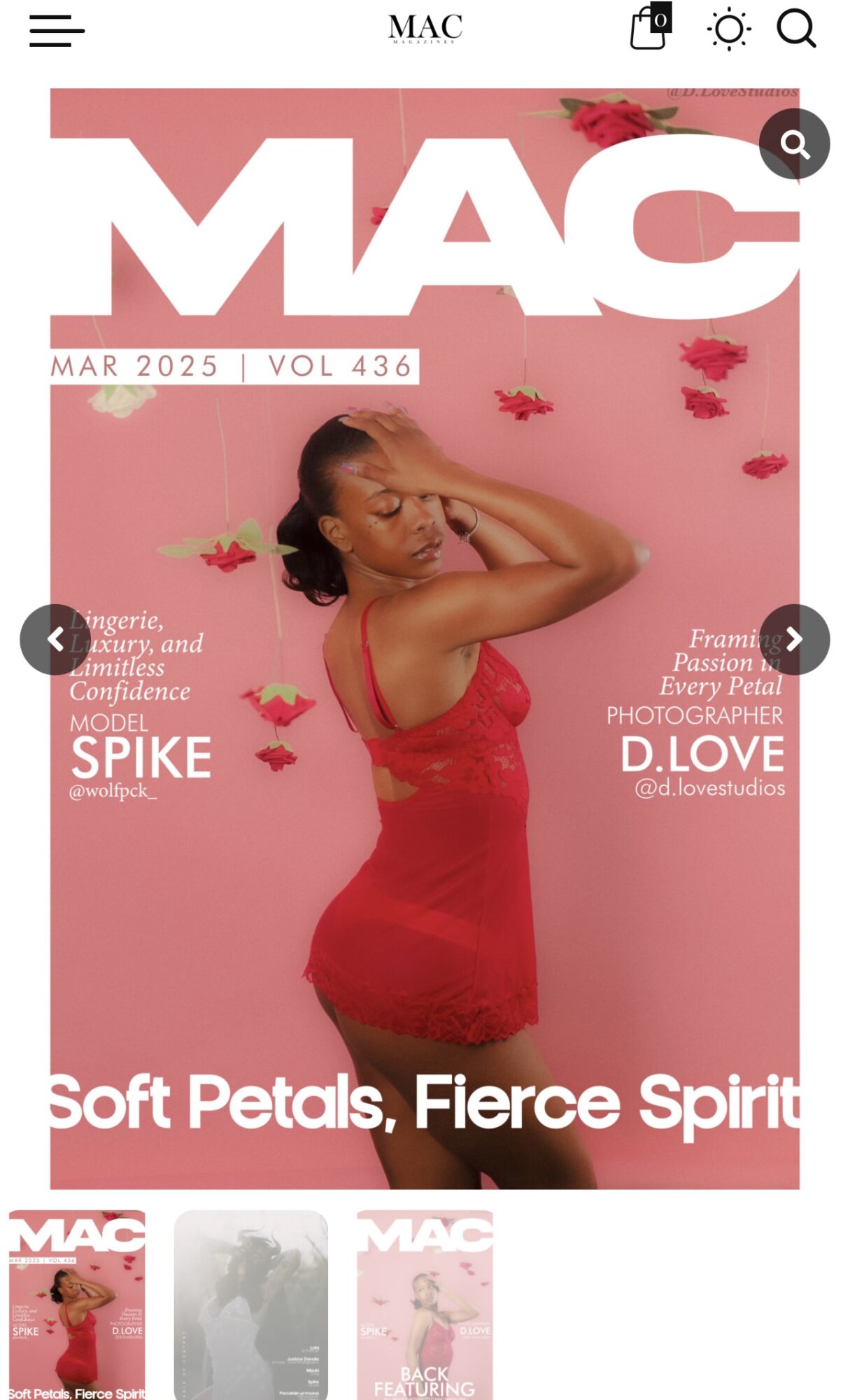 Magazine cover featuring a woman in a red dress with pink background and floating petals, with text and headlines.