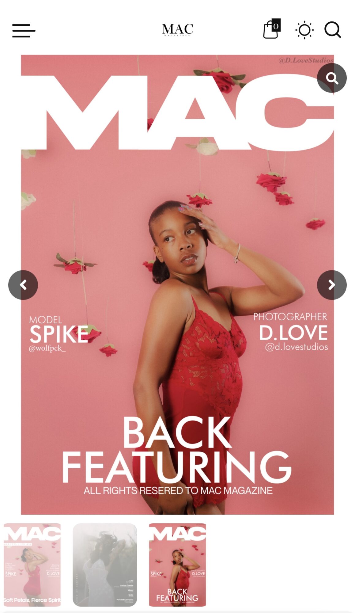 Woman in red dress with pink background and floating petals, magazine cover, MAC logo at top, text about back feature.