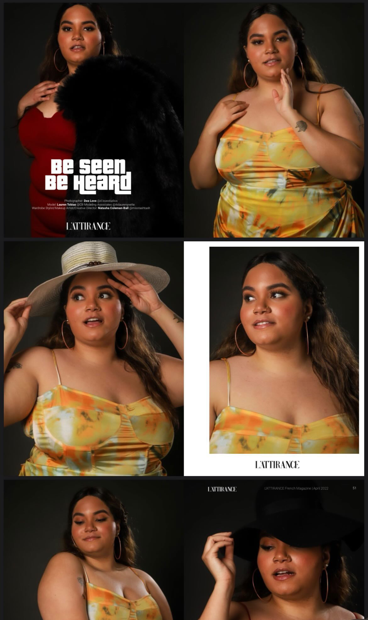 Four women in different outfits, posing against a dark background, with text overlays on two images.