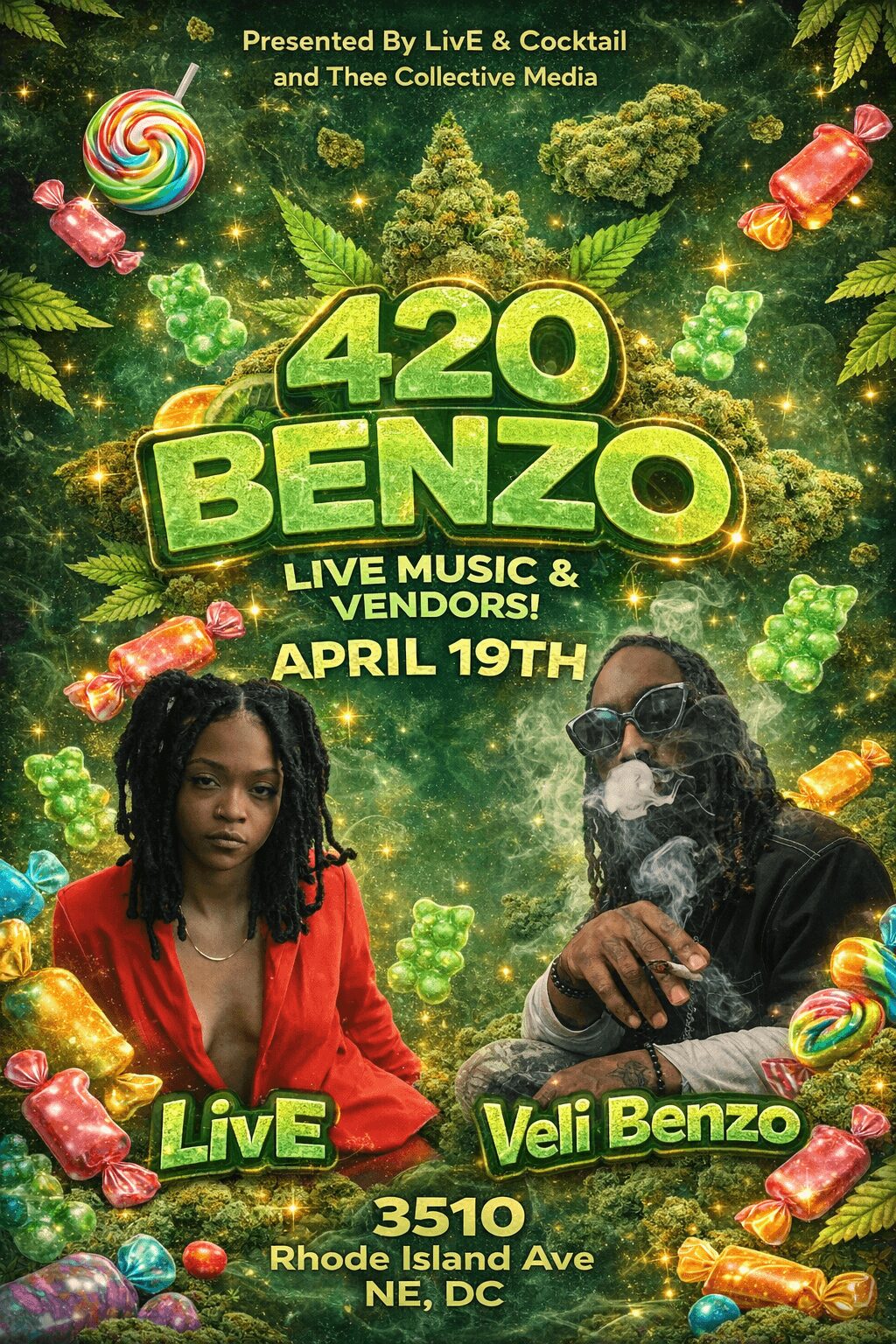 Event poster with two people, colorful candies, and cannabis leaves, promoting a music event on April 19th at Rhode Island Ave, DC.