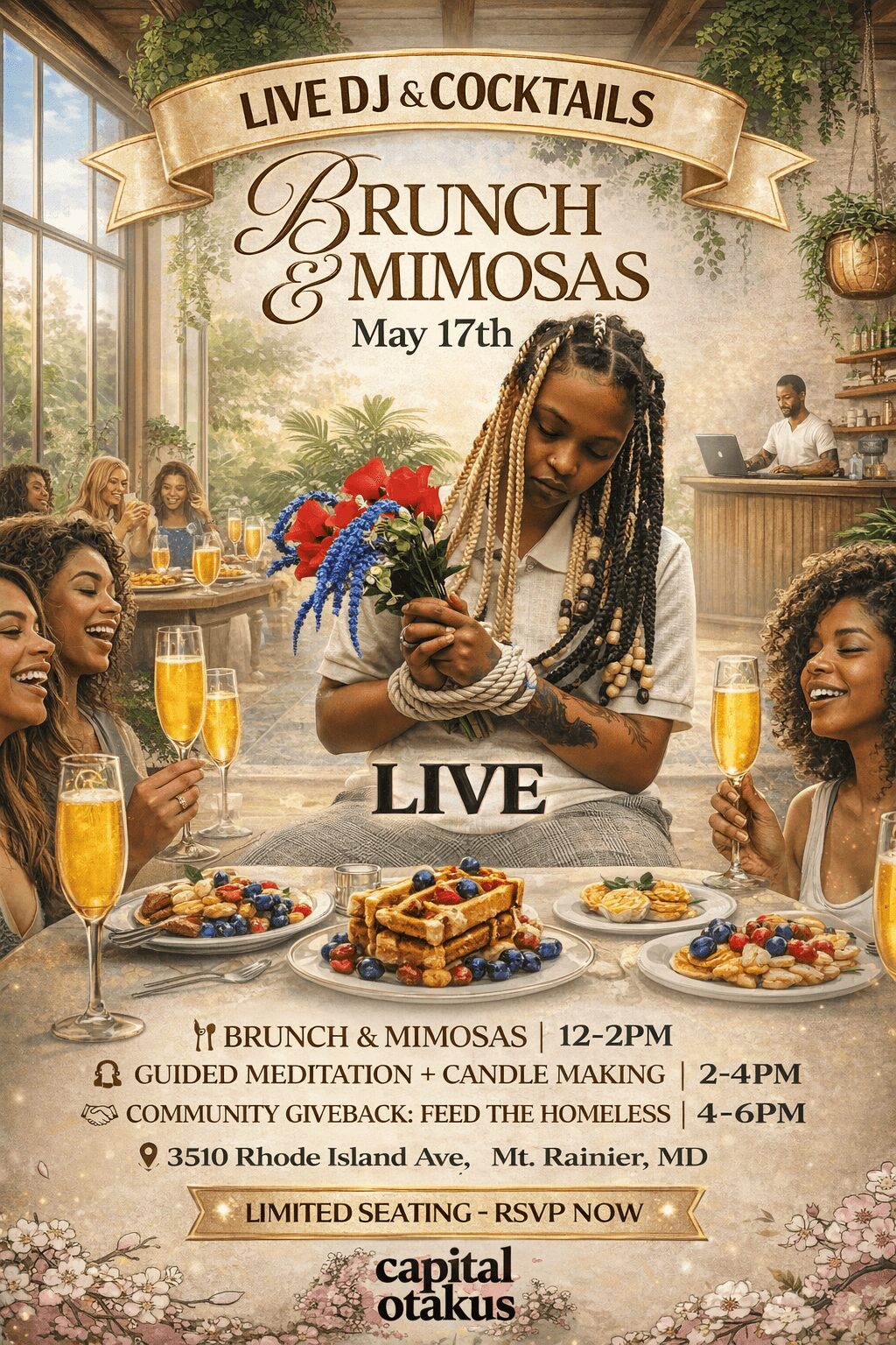 Group of women celebrating brunch with drinks and food, woman in center holding flowers, outdoor setting, event banner above.