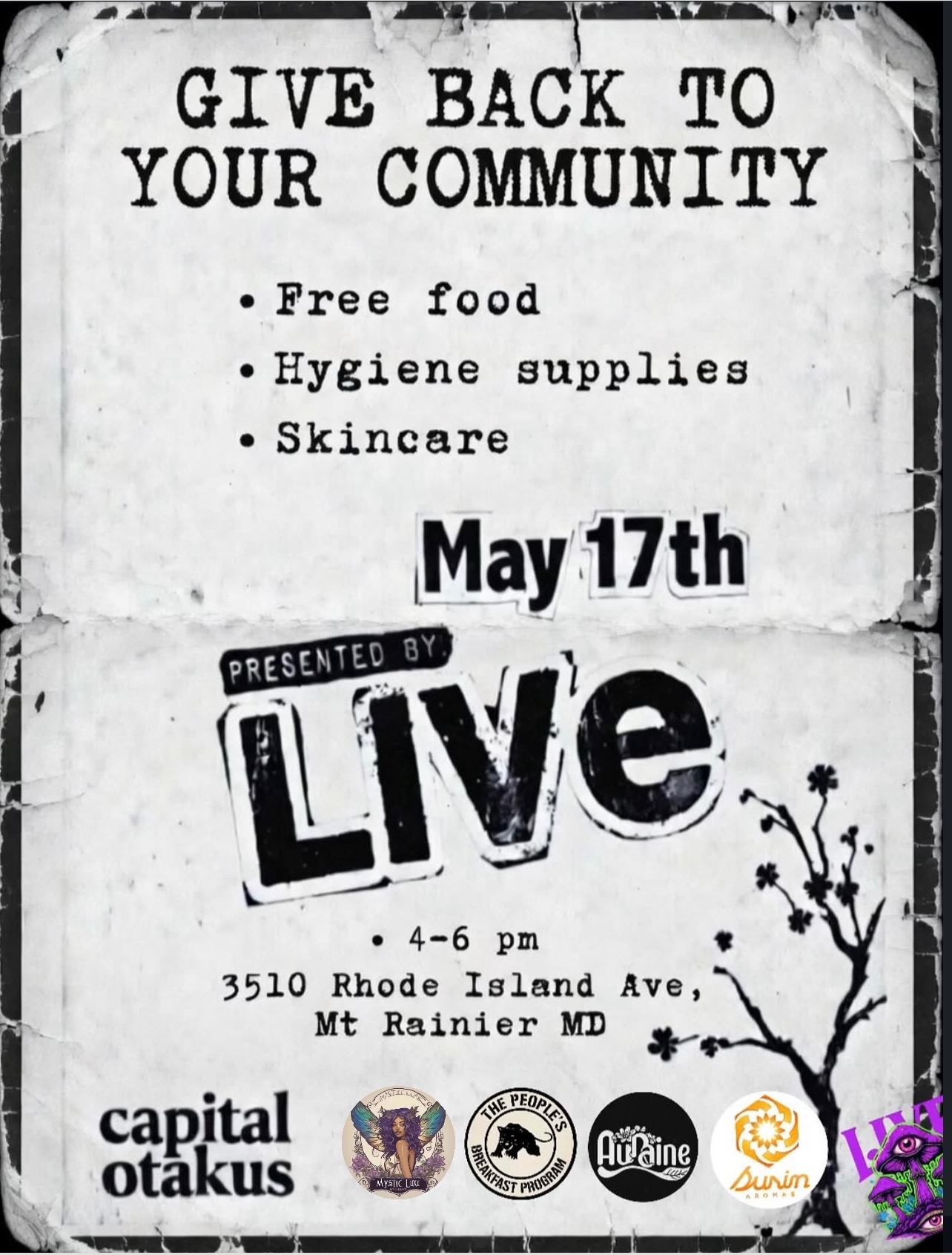 Flyer promoting free food, hygiene supplies, and skincare event on May 17th at 3510 Rhode Island Ave, Mt Rainier MD.