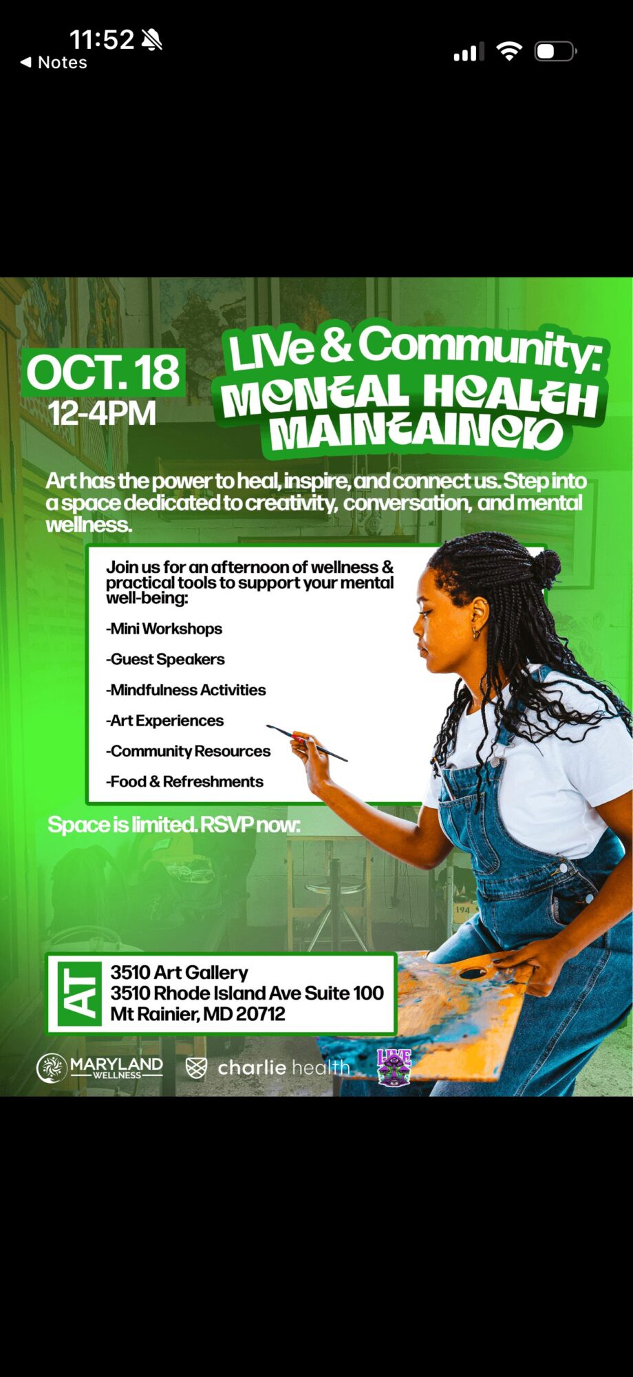 Event poster for a community health event on October 18, featuring a woman speaking into a microphone, with green and white text.