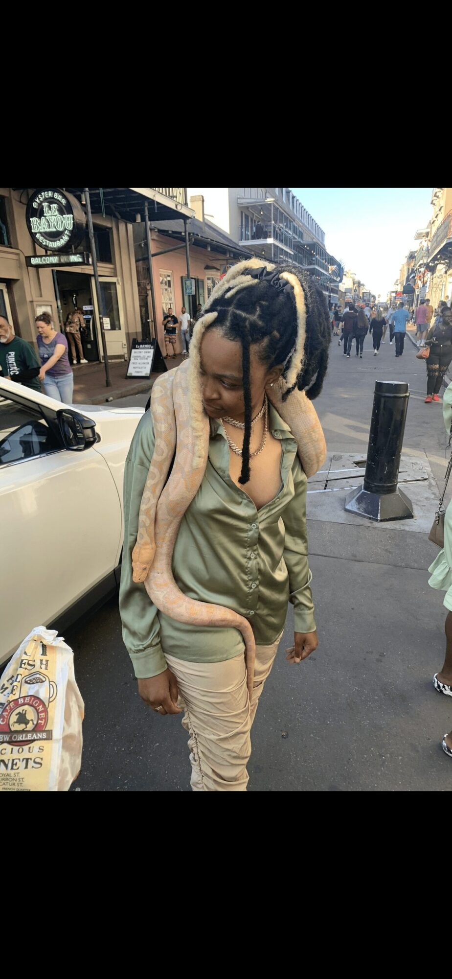 Person with dreadlocks and a snake around their neck walking on a busy street, surrounded by people and shops.