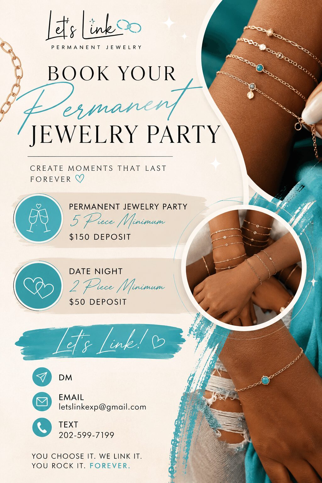 Promotional flyer for permanent jewelry party with images of jewelry on wrists, event details, and contact information.