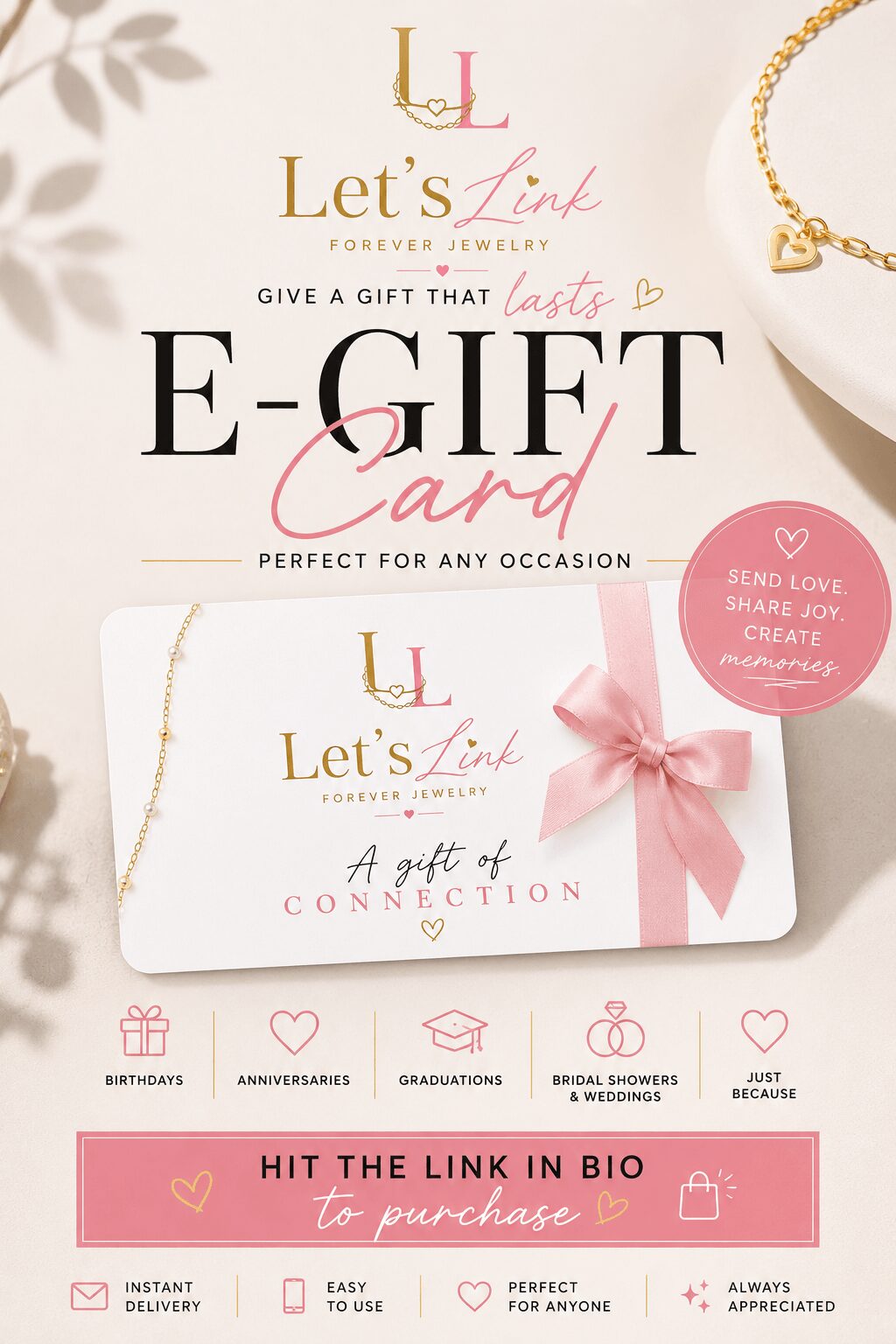 E-gift card with pink ribbon, gold jewelry, and pink accents, promoting gift giving and connection, with text about purchasing and gift options.