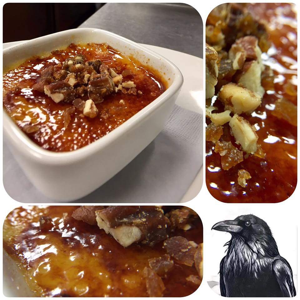 Baked dessert with caramelized topping and chopped nuts in a white dish, with a raven illustration in the corner.