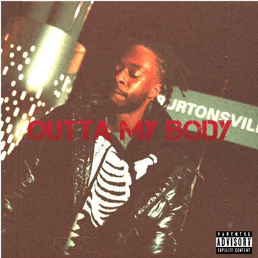 Young man with dreadlocks wearing a leather jacket and striped shirt, standing in front of a sign, with red text overlay.