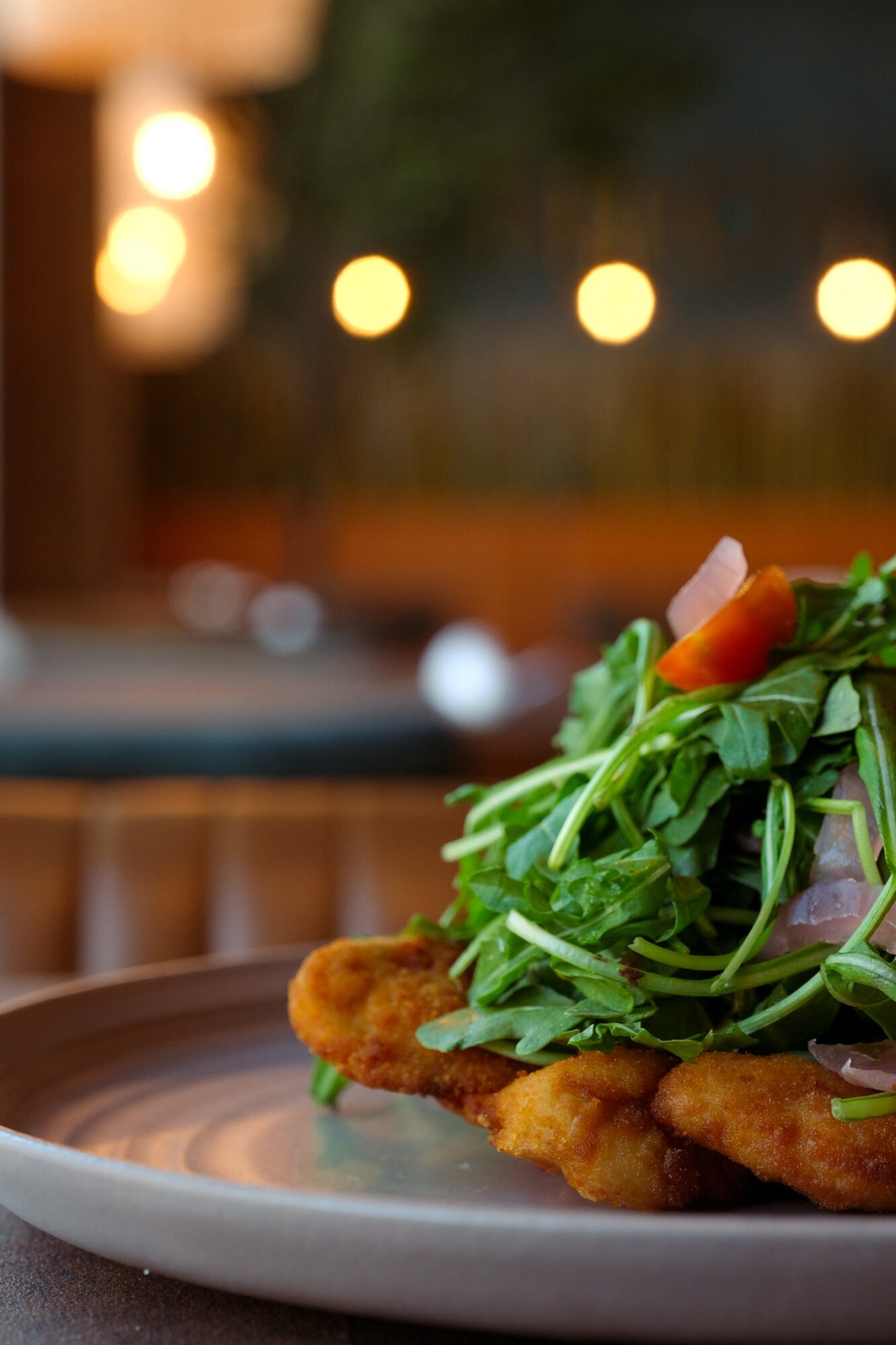Plate with fried food and a fresh salad with greens and tomato, blurred background with warm lights.