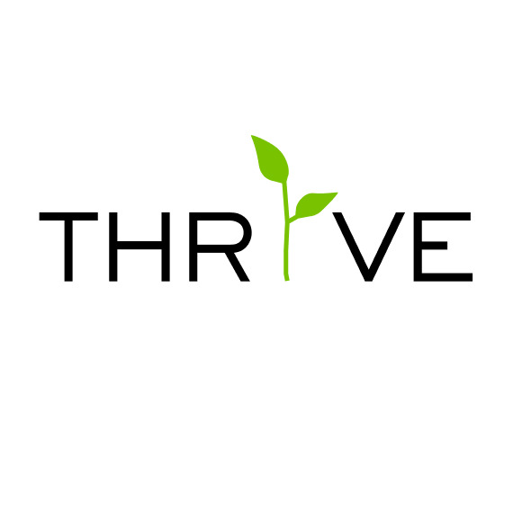 The word 'THRIVE' with a green plant sprout replacing the letter 'I'.