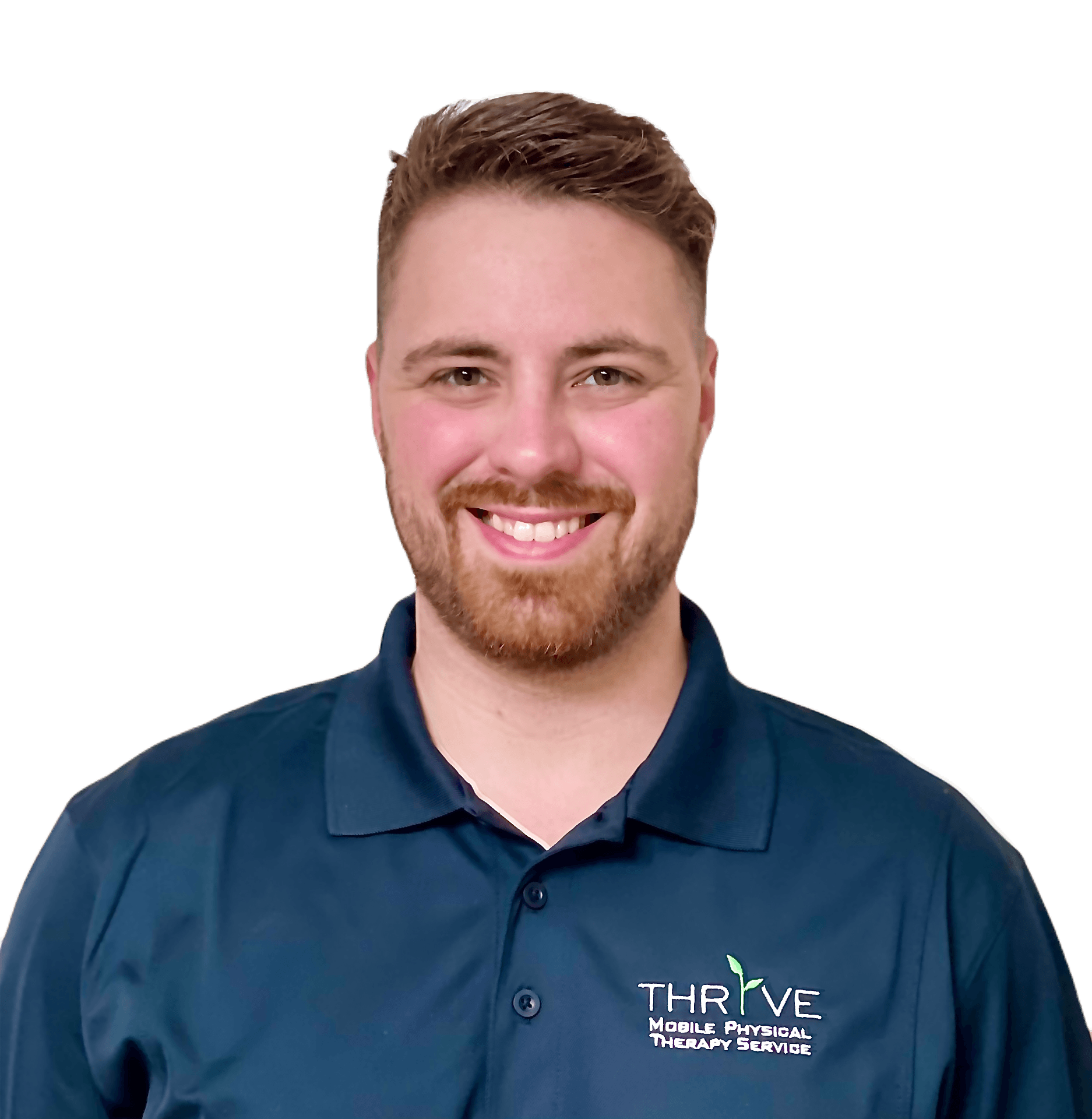 Portrait of a smiling man with short hair and beard, wearing a blue polo shirt with a logo, against a black background.