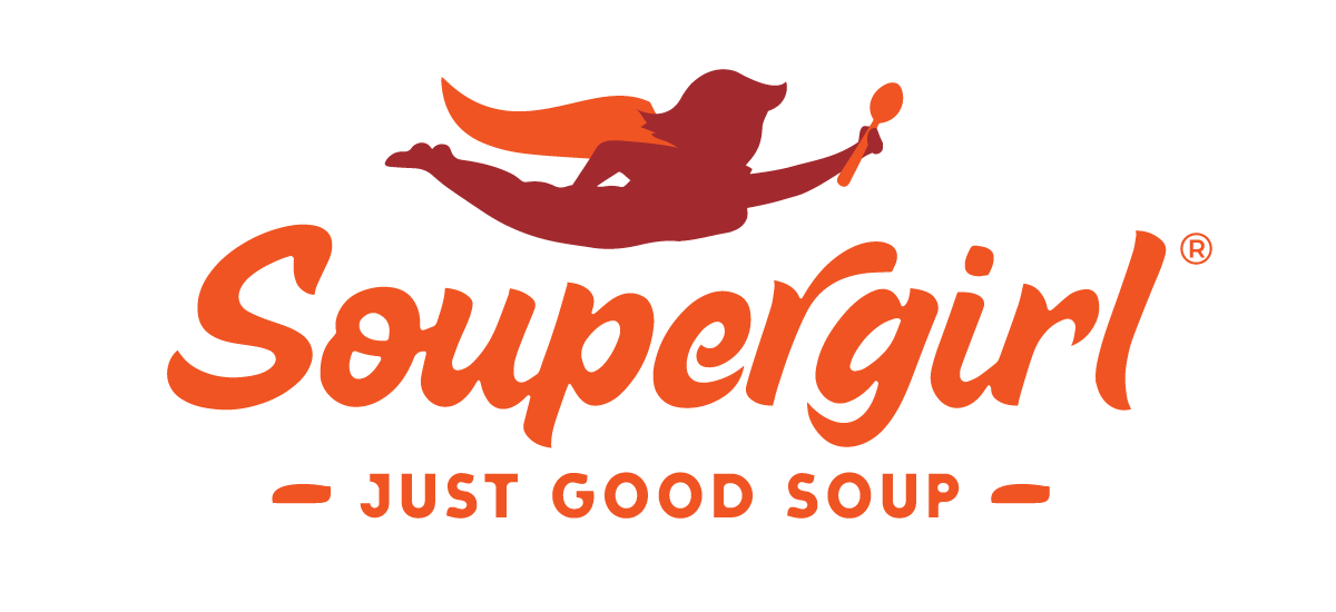 Soupergirl logo with a flying girl holding a spoon, tagline 'Just Good Soup', on black background.