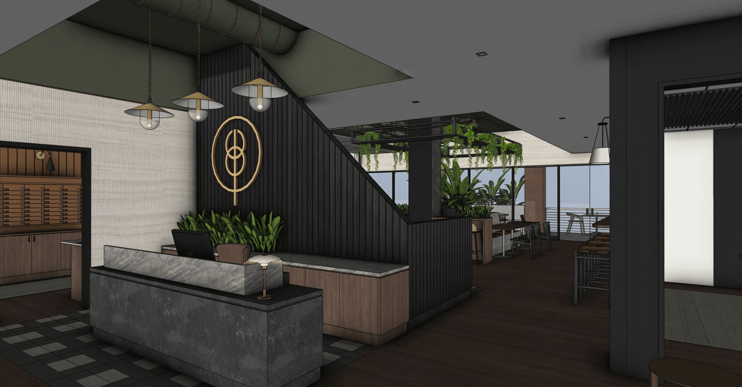 Modern interior with seating, black wall, plants, and decorative wall art, with large windows and natural light.