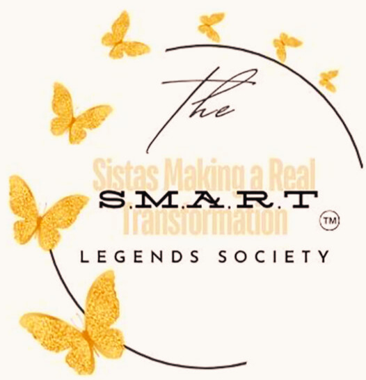 Text with butterflies and curved lines, mentioning Sistas Making a Real Transformation, S.M.A.R.T, and Legends Society.