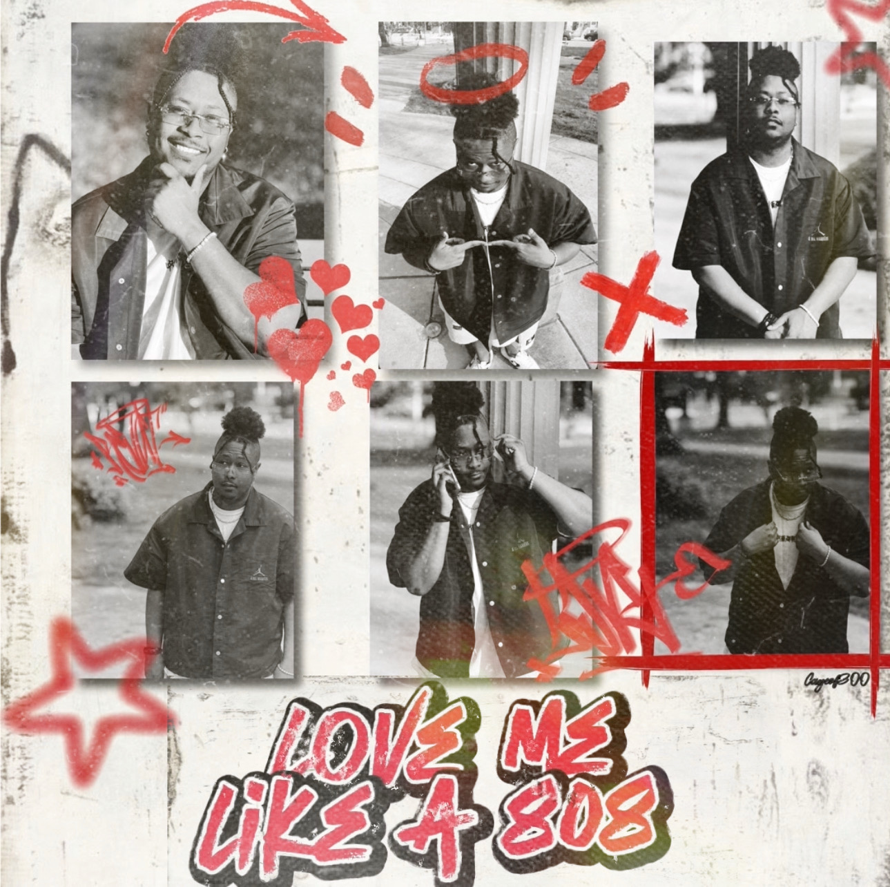 Six black-and-white photos of young people with colorful doodles and text, including a woman smiling and others posing outdoors.